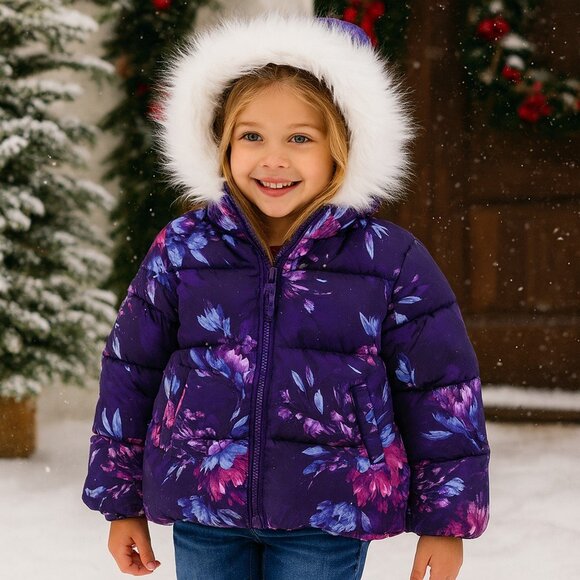 The Childrens Place Empire Purple Floral Hooded Puffer Jacket Girls Size M, 7/8 - Picture 2 of 16